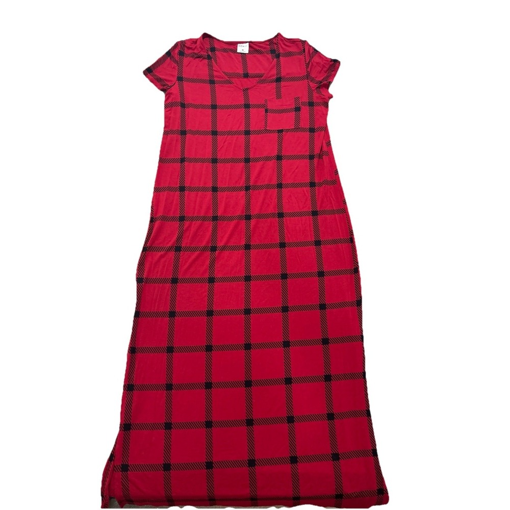 SOMA M Cool Nights Short‎ Sleeve Maxi Nightgown Sleep Shirt Red Black Plaid